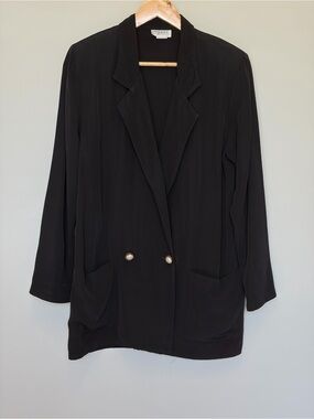 Vintage Black Relaxed Double-Breasted Blazer with Pearl Buttons